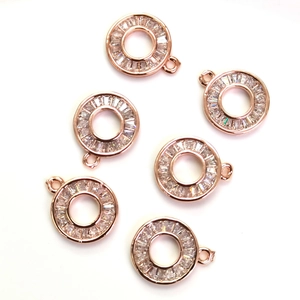 6pcs 14k rose gold plated circle pendants with micro-pave cubic zirconia for DIY jewelry