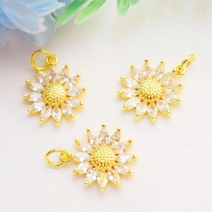 Three 14K gold-filled sunflower pendants with zircon petals for DIY jewelry making