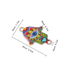Detailed view of colorful Hamsa Hand charm with eye pattern and specific size measurements