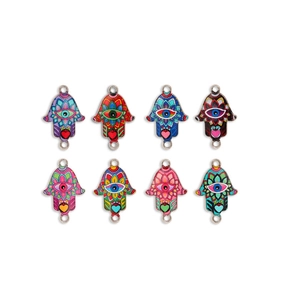 Detailed set of eight colorful enamel Hamsa Hand and Evil Eye charms for DIY jewelry making