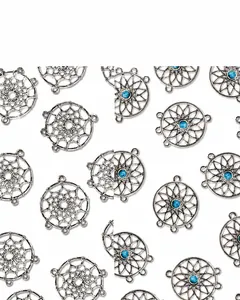 Detailed view of antique silver dreamcatcher charms with turquoise beads for DIY jewelry