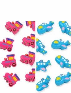 Detail of colorful acrylic plane and steam train beads for handmade DIY jewelry crafts
