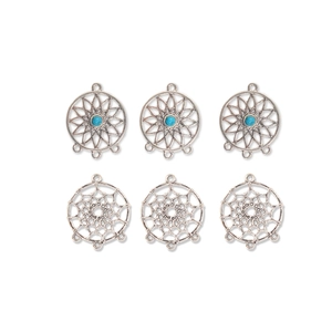 Set of 6 vintage silver dreamcatcher and flower alloy charms with turquoise beads for DIY