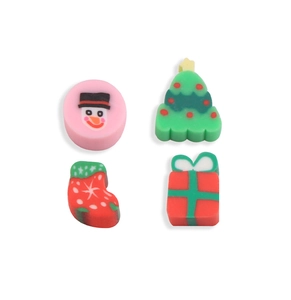 Close-up of Christmas eraser set with snowman, tree, stocking and gift box