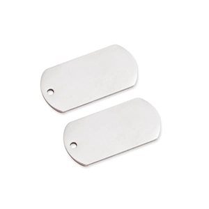 Polished stainless steel rectangular dog tags with rounded corners and top hole