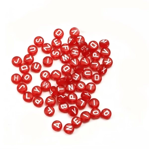 Translucent red acrylic flat round alphabet beads with white letters for DIY jewelry