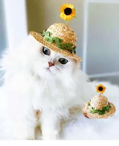 Pet Straw Hat With Sunflower Decoration Adjustable Summer Sun Protection Hat For Cats Small Dogs Pastoral Style Photo Prop Accessories