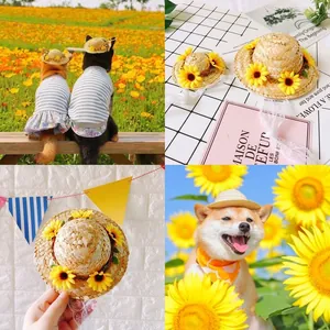 Pet straw hat with sunflowers and blue striped floral dress for cats and small dogs