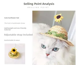 Detail of hand-woven pet straw hat with sunflower decor and adjustable strap on a white cat