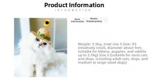 Detailed pet straw hat size guide for small cats and dogs with sunflower decoration