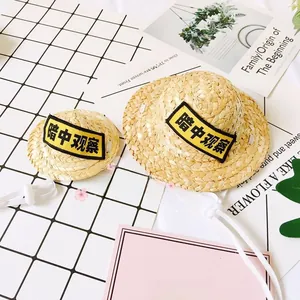Detail of woven straw pet hats featuring 'Secret Observation' patches and adjustable straps
