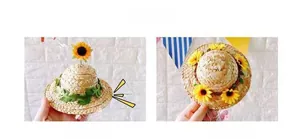 Handwoven pet straw hats featuring sunflower and yellow floral decorations