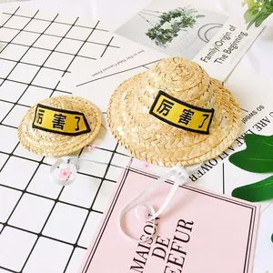 Detail of woven straw pet hats in two sizes featuring adjustable drawstrings and yellow patch