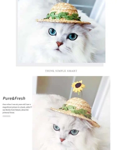 Close-up of handmade pet straw hat featuring sunflower and green leaves on a white cat