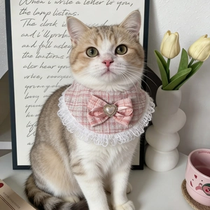 Bavoir à carreaux roses avec dentelle et nœud en perle de cœur pour chats
