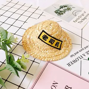 Mini pet straw hat with black and yellow text patch on a checkered background
