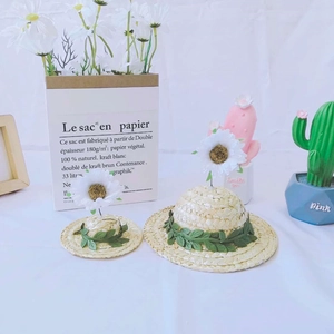 Detail of woven pet straw hats with green leaves and daisy flowers for cats and dogs