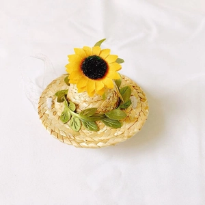 Cute pet straw hat with sunflower and green leaves for small cats and dogs