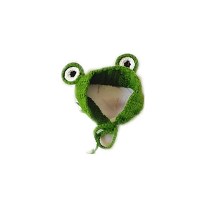 Funny green frog knitted pet hat with 3D eyes for cats and dogs with adjustable ties