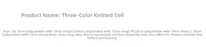 Size chart for tricolor knitted pet collars with XS to L sizing and adjustable strap lengths