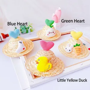 Handwoven pet straw hats with cute plush heart and animal decorations for cats and dogs