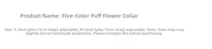 Size chart for adjustable five-color puff flower pet collars with S and M dimensions