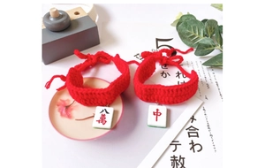 Detail of red hand-knitted pet collars with Mahjong pendants on a white surface