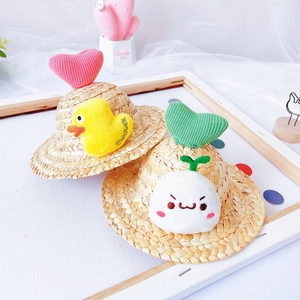 Cute pet straw hats with plush heart and duck decorations for cat and dog sun protection