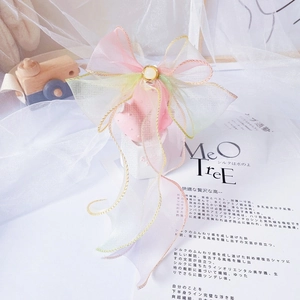 Detail of gradient mesh pet bow tie with gold trim and central pearl on lace backdrop