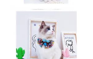 Close-up of pet collar with black mesh bow tie, colorful polka dots, and blue bell detail