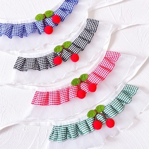 Lace plaid pet bib with cherry decor in blue black red green colors for cats and dogs