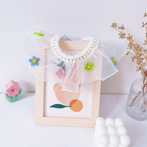 White lace pet collar with faux pearls and colorful crochet flowers for cats and dogs