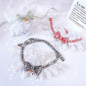Lace pet collar with plaid bow and golden bell for cats and small dogs