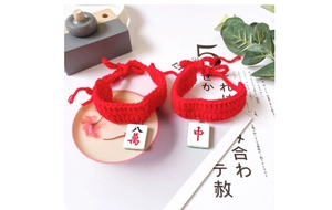Detail of hand-knitted red pet collars featuring traditional Mahjong tile pendants