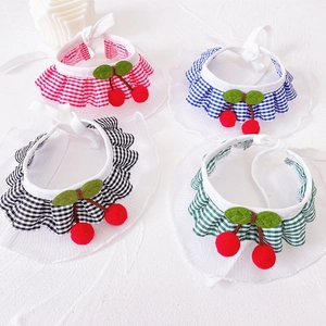 Cute plaid pet collars with white lace trim and 3D cherry accents in four vibrant colors