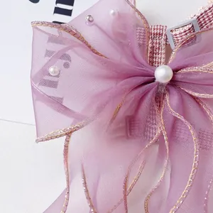 Detail of purple organza bow with gold trim and white pearls on a mesh cat harness