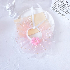 Detail of pink floral lace pet collar with knit flower and pearl on a white plate