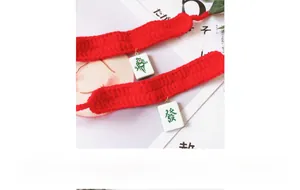 Detail of red hand-knitted pet collar with detachable mahjong pendants for cats and dogs