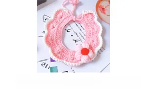 Handmade pink puff flower crochet pet collar with adjustable tie for cats and dogs