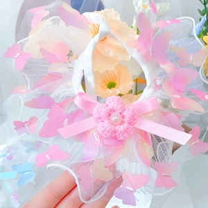 Close-up of pet lace collar with pink 3D butterflies, mesh ruffles and crochet flower