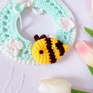 Handmade crochet pet collar with bumblebee and flower accents in mint green and white