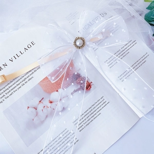 Detail of white lace bow pet collar with pearl ornament and dot mesh ribbons