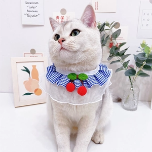 Close-up of blue gingham pet collar with white lace trim and 3D plush cherry detail