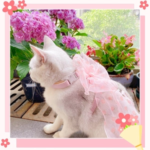Pink pet mesh harness dress with large organza flower and polka dot skirt for small cats