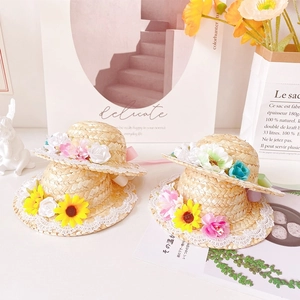Handmade pet straw hat with lace and colorful silk flowers for cats and dogs