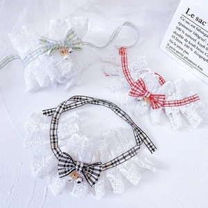 Three-piece set of plaid pet lace collars with ribbon bows and small golden bells