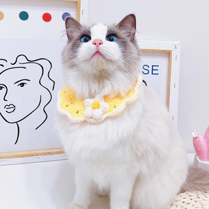 Handmade crochet yellow pet collar with daisy flower and white wave edge for cats and dogs