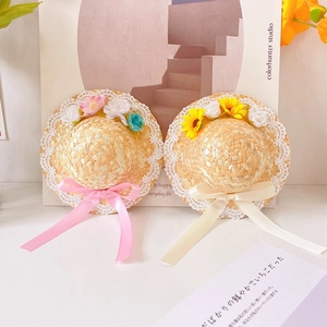 Mini pet straw hat with delicate white lace and decorative flowers for small dogs and cats