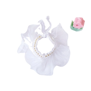 White lace and chiffon pet bib collar with pearl trim for cats and small dogs