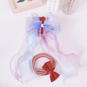 Detail der blau-violetten Organza-Schleife mit Perlen und rot kariertem Katzenband